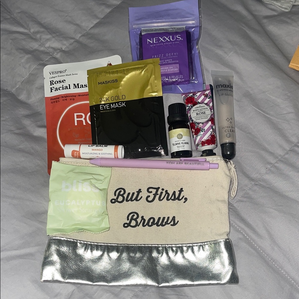 Beauty and Skincare Set with Silver Pouch assorted brands all new travel size